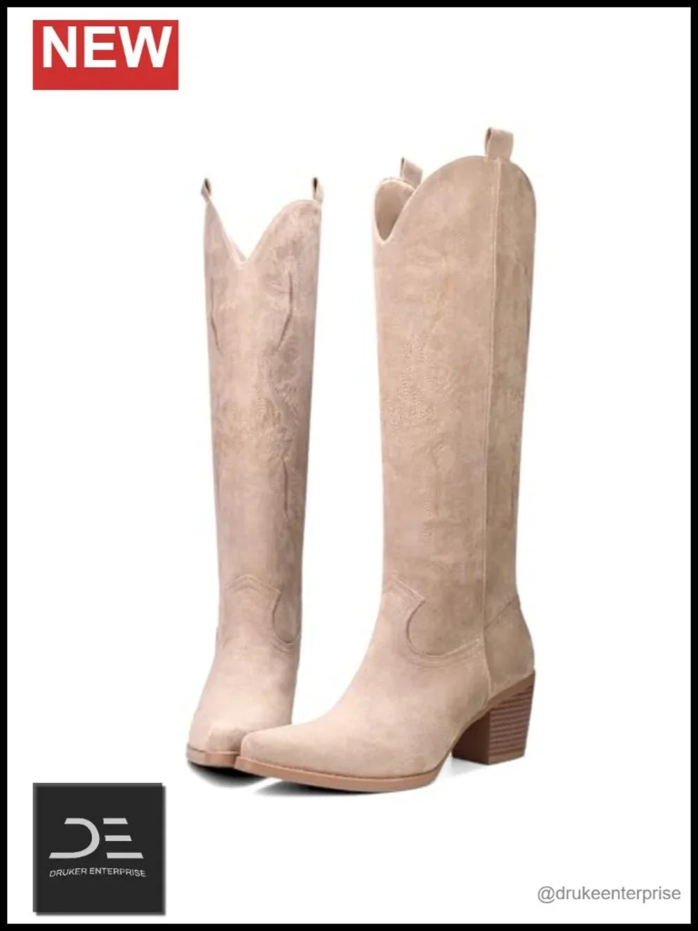 Women's Western Cowgirl Boots Suede Knee High Pointy Toe Embroidered Chunky Heel